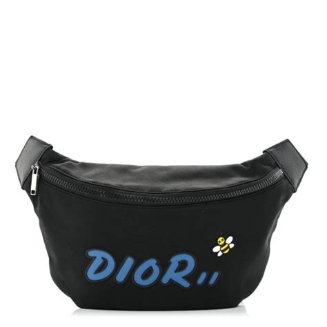 CHRISTIAN DIOR X KAWS Nylon Calfskin Bee Belt Bag Black .